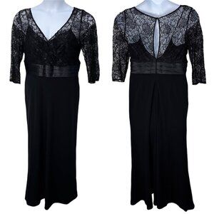 Badgley Mischka Vintage V-Neck Lace Detail ¾ Sleeve Formal Maxi Dress in Black
